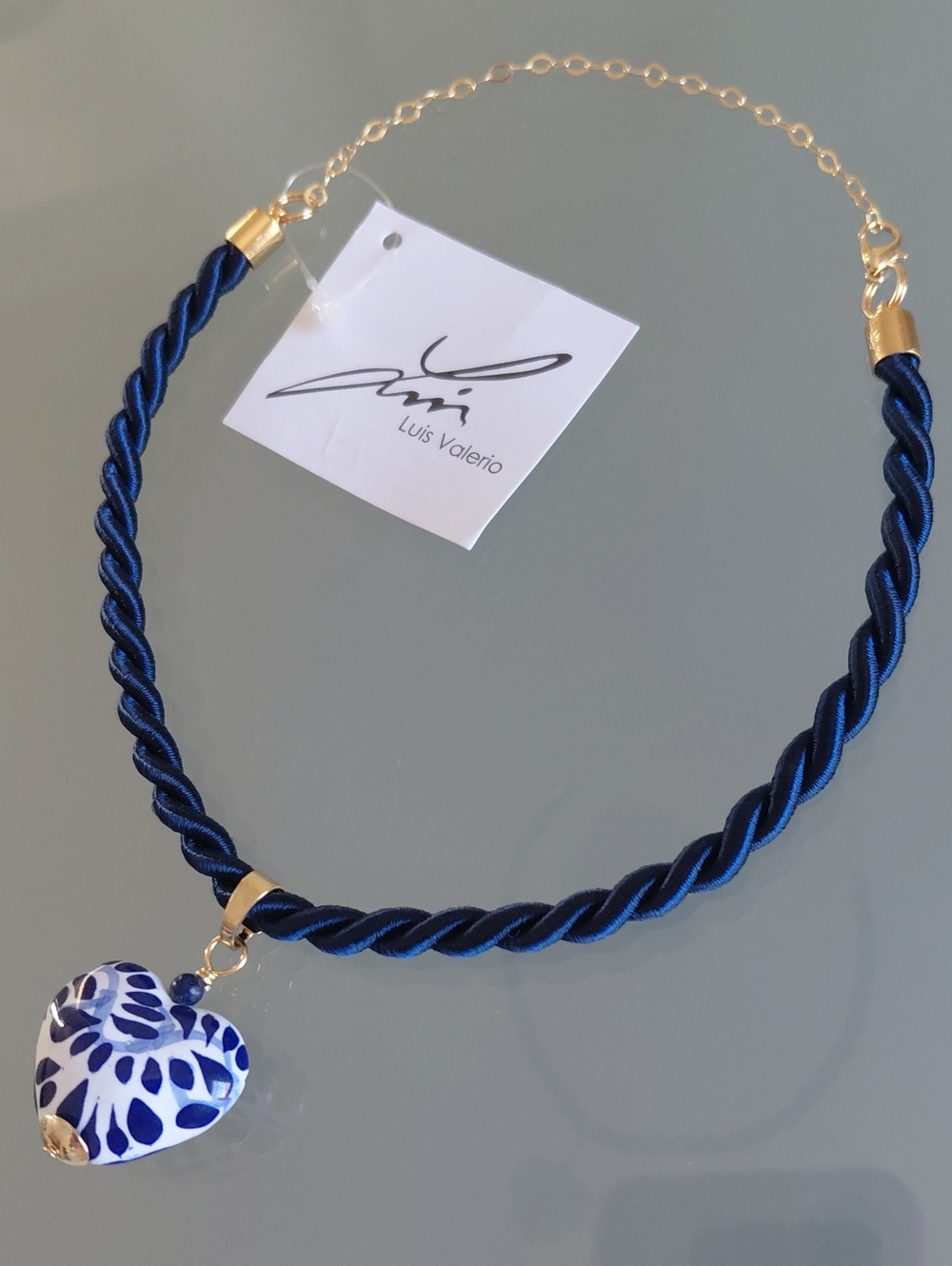 NWT Luis Valerio Talavera Azul Ceramic Heart Cord Necklace 16.5"